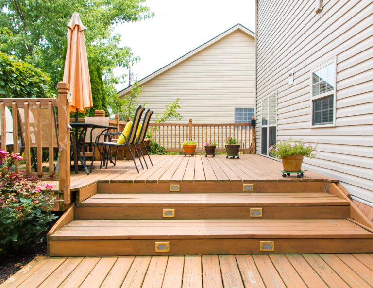 Patio and garden of family home at summer